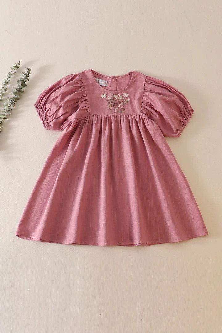 Daisy Embroidery Linen Dress-Children & Tweens,children's,clothing,dress,dresses,embroidered,Embroidered Detail,Infant to 6,mauve,Sage-Mauve-12M-[option4]-[option5]-[option6]-Bella Bliss Boutique in Texas