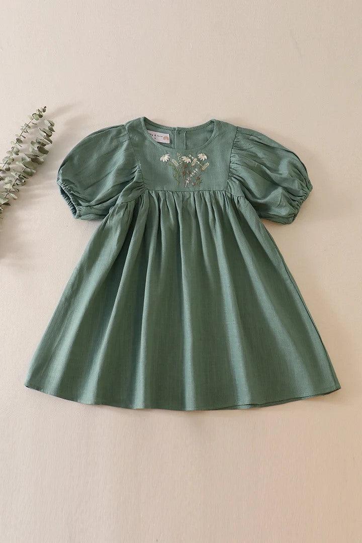 Daisy Embroidery Linen Dress-Children & Tweens,children's,clothing,dress,dresses,embroidered,Embroidered Detail,Infant to 6,mauve,Sage-Sage-12M-[option4]-[option5]-[option6]-Bella Bliss Boutique in Texas