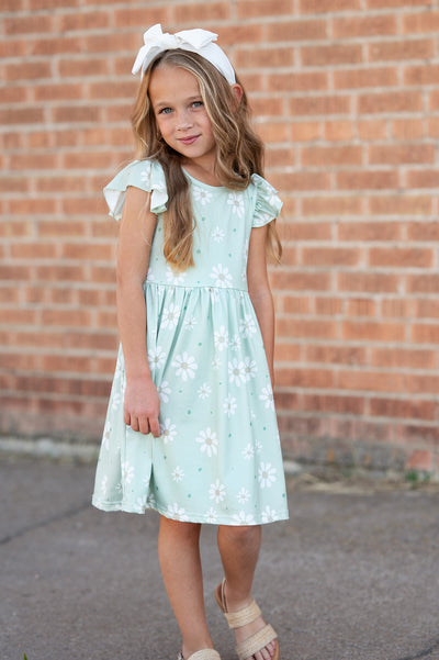 Daisy Flutter Sleeve Dress-Children & Tweens,children's,clothing,daisy,Daisy Flower,Daisy Print,dress,dresses,easter,Flutter Sleeve,Infant to 6,Sage,Sale,Tweens 7-14-[option4]-[option5]-[option6]-Bella Bliss Boutique in Texas