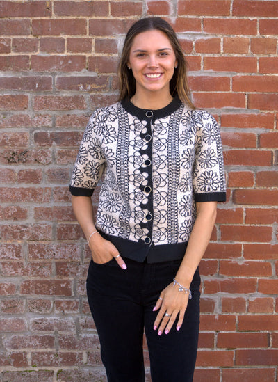 Daisy Noir Knit Cardigan-button down,Button Front,Cardigan Sweater,clothing,Floral,Floral Print,Knit Top,Short Sleeve Sweater,Sweaters,THML,Top,Tops,Women,women's-[option4]-[option5]-[option6]-Bella Bliss Boutique in Texas