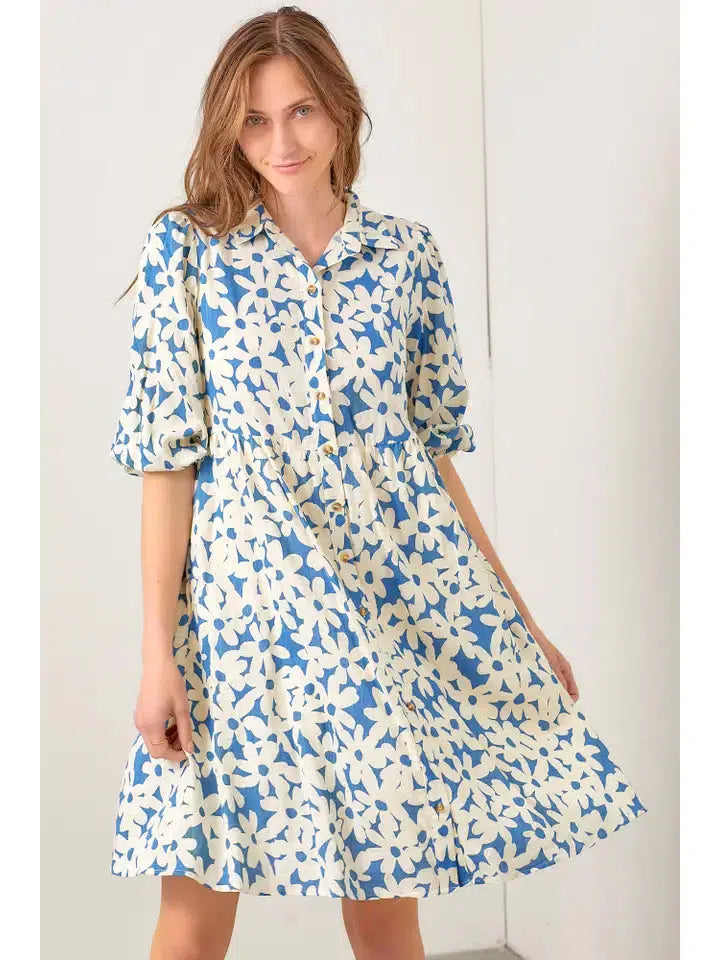 Daisy Poplin Tiered Dress-Blue, Bubble Sleeve, clothing, Curvy, daisy, dress, dresses, Floral, Floral Print, Poplin, Tiered-[option4]-[option5]-[option6]-Bella Bliss Boutique in Texas