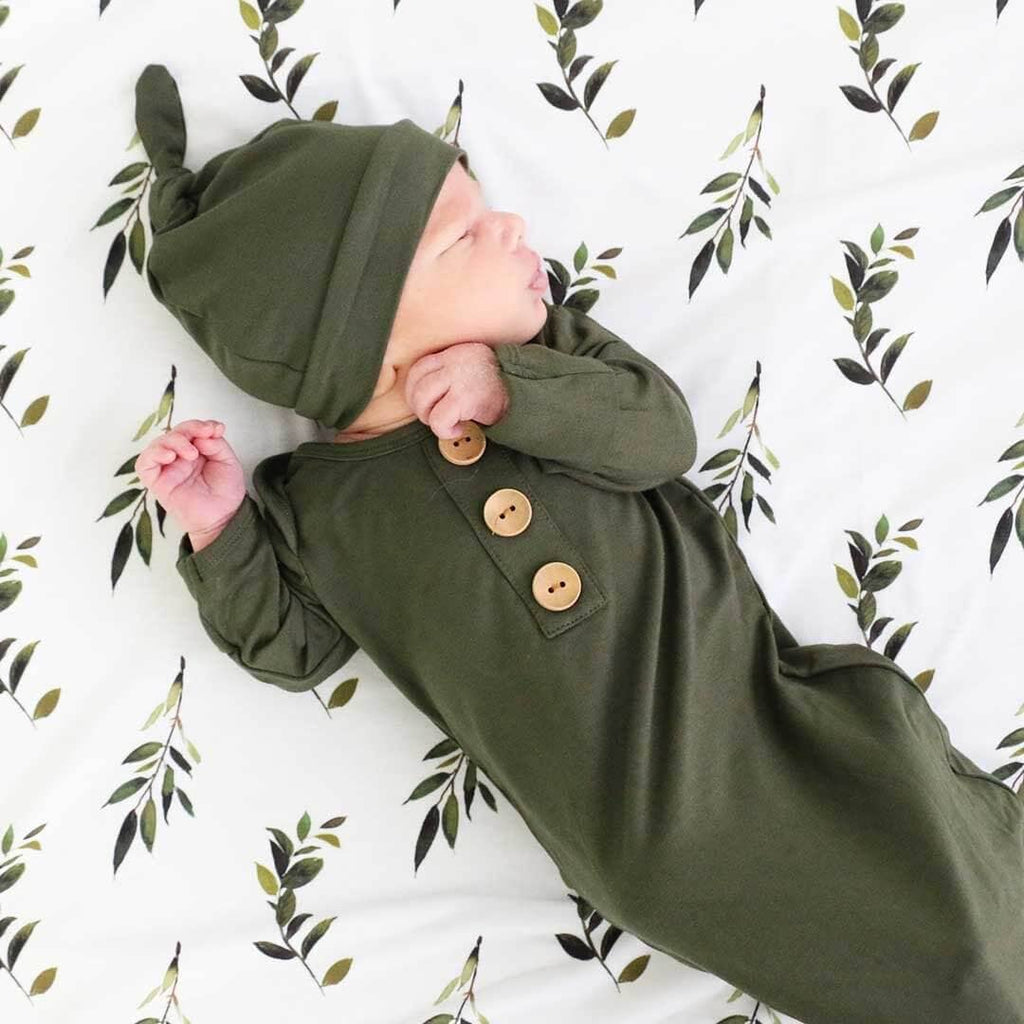 Solid Olive Bamboo Baby Knot Gown Hat Comfy Cute