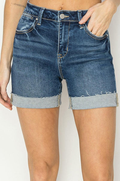 Dark Wash High Rise Cuffed Shorts-Bottoms, clothing, Curvy, Dark Wash, denim, Denim Shorts, Hi-Rise, Hi-Waist, High Rise, Jean Shorts, shorts, women, women's-S-[option4]-[option5]-[option6]-Bella Bliss Boutique in Texas
