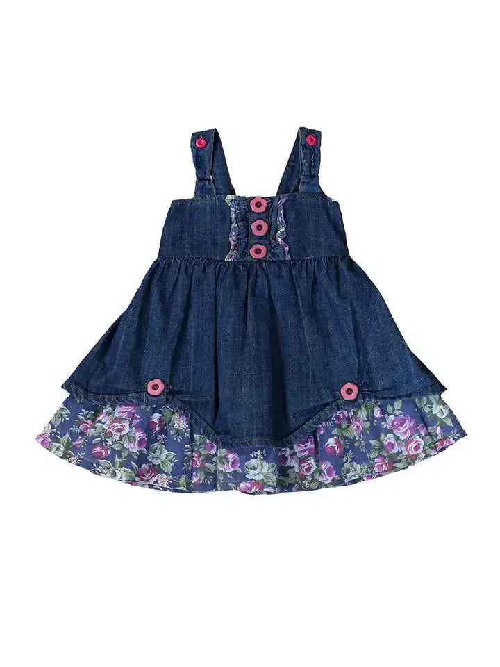 Denim Dress-A-Line,Children & Tweens,children's,clothing,denim,Denim Dress,dress,dresses,Floral,floral Detail,Floral Print,Infant to 6,Pre-Washed,Ruffle Detail,Tweens 7-14-12M-[option4]-[option5]-[option6]-Bella Bliss Boutique in Texas