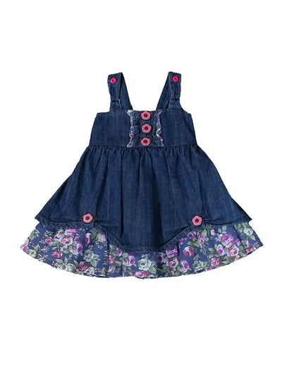 Denim Dress-A-Line,Children & Tweens,children's,clothing,denim,Denim Dress,dress,dresses,Floral,floral Detail,Floral Print,Infant to 6,Pre-Washed,Ruffle Detail,Tweens 7-14-12M-[option4]-[option5]-[option6]-Bella Bliss Boutique in Texas