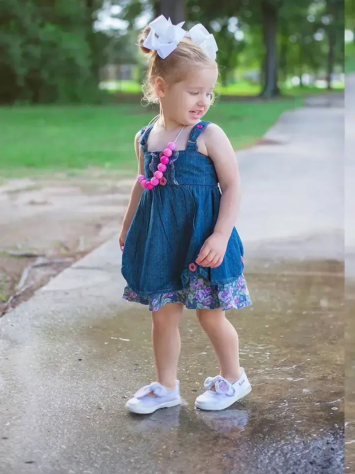 Denim Dress-A-Line,Children & Tweens,children's,clothing,denim,Denim Dress,dress,dresses,Floral,floral Detail,Floral Print,Infant to 6,Pre-Washed,Ruffle Detail,Tweens 7-14-[option4]-[option5]-[option6]-Bella Bliss Boutique in Texas