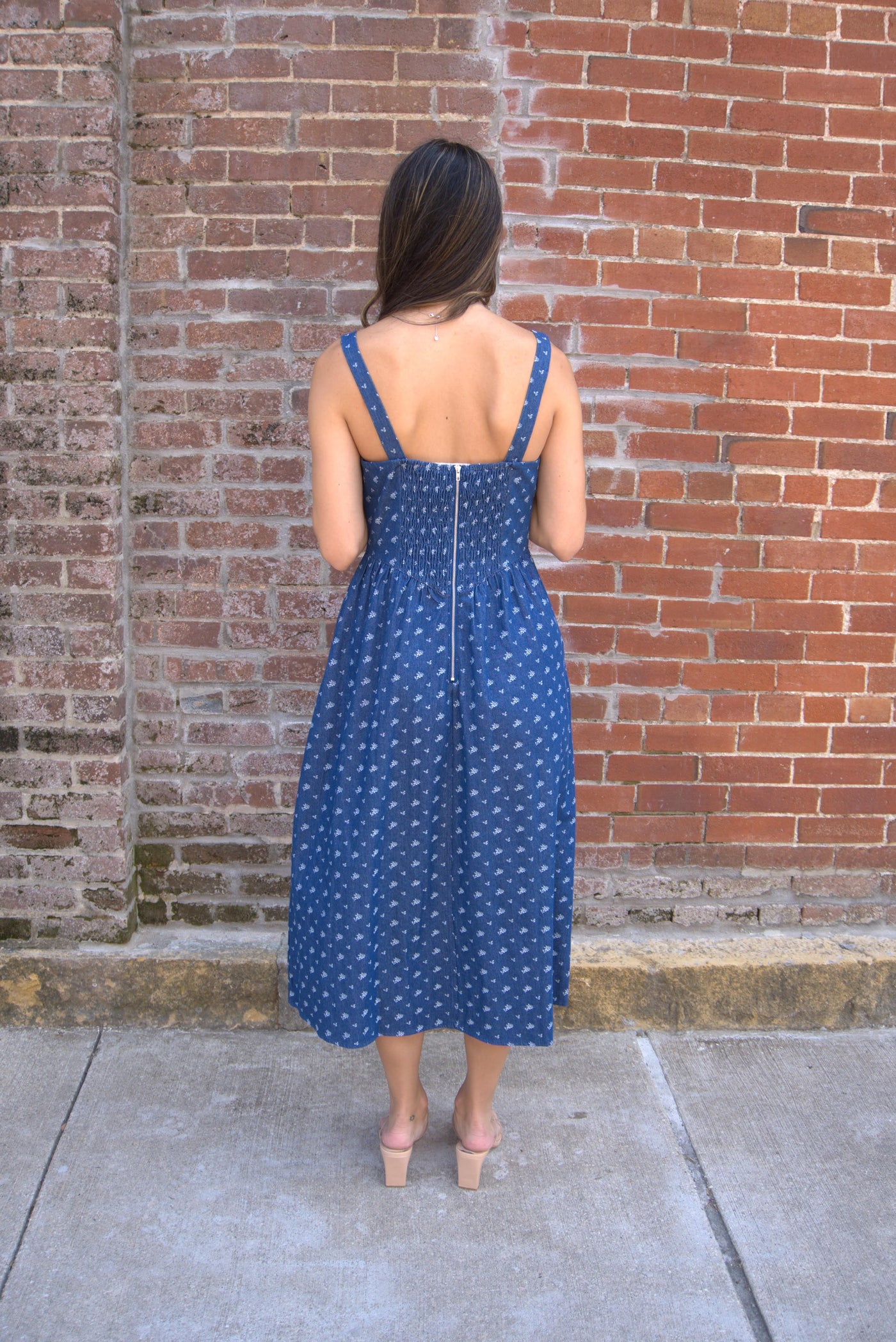 Denim Floral Corset Midi Dress M Denim Floral Corset Midi Dress M