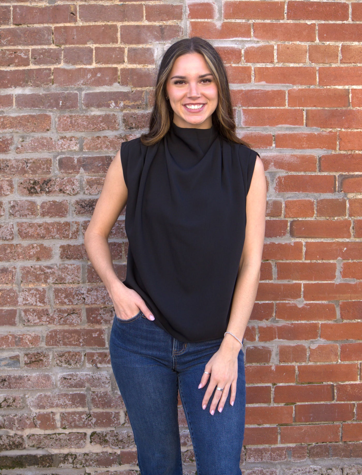 Denise Top-blouse,clothing,Mock Neck,Olivaceous,Red,Sleeveless,Top,Tops,White,Women,womens,Woven,Woven Top-S-Black-[option4]-[option5]-[option6]-Bella Bliss Boutique in Texas