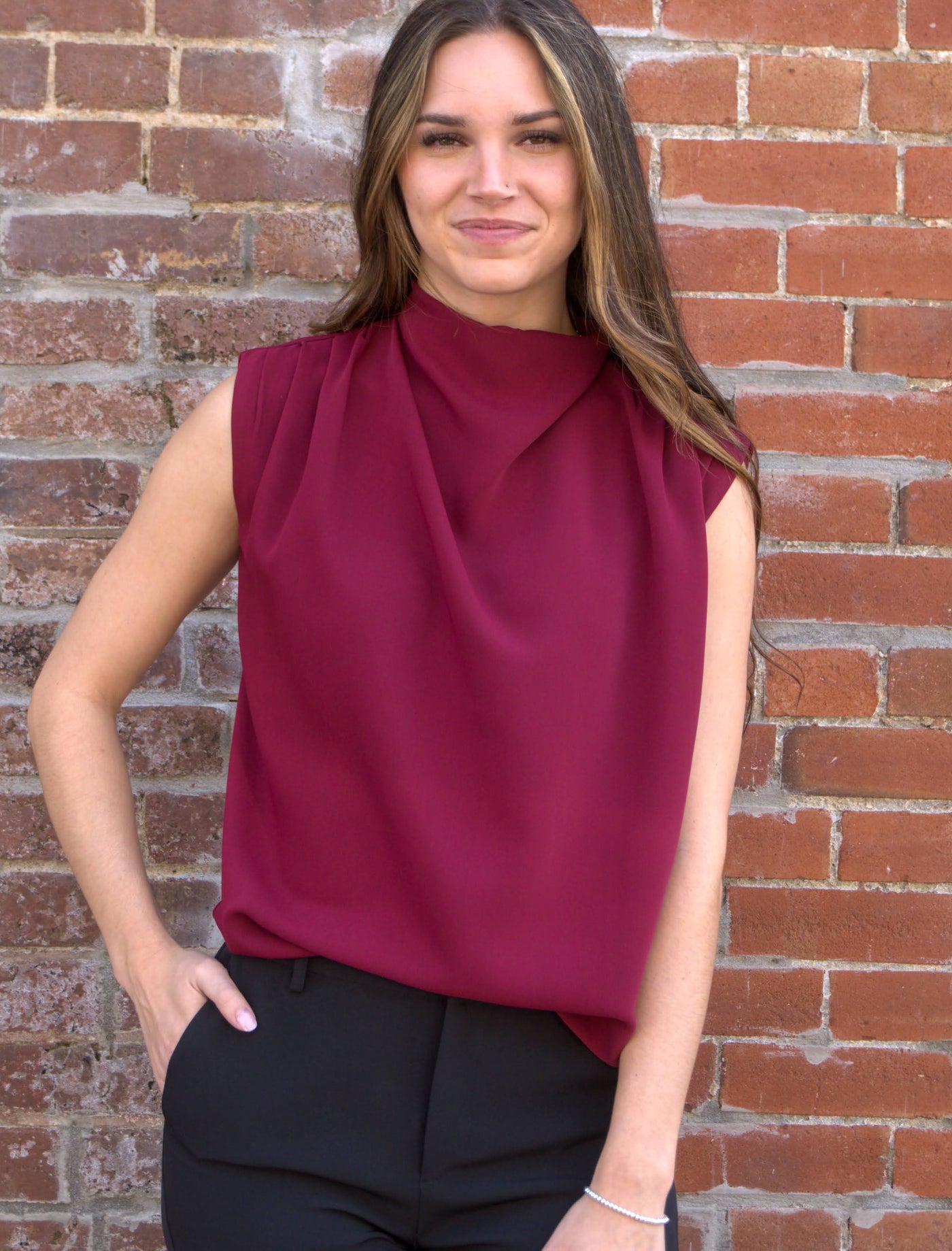Denise Top-blouse,clothing,Mock Neck,Olivaceous,Red,Sleeveless,Top,Tops,White,Women,womens,Woven,Woven Top-S-Burgundy-[option4]-[option5]-[option6]-Bella Bliss Boutique in Texas