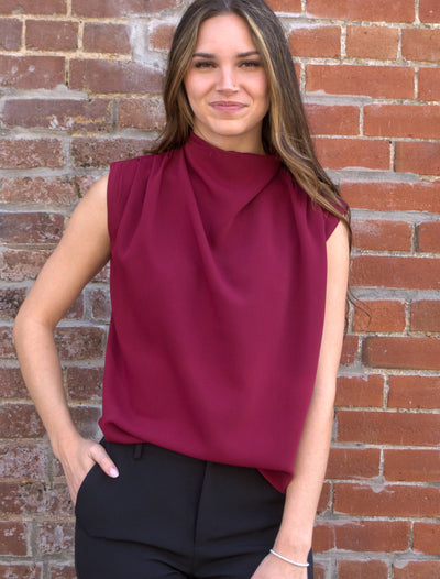 Denise Top-blouse,clothing,Mock Neck,Olivaceous,Red,Sleeveless,Top,Tops,White,Women,womens,Woven,Woven Top-S-Burgundy-[option4]-[option5]-[option6]-Bella Bliss Boutique in Texas