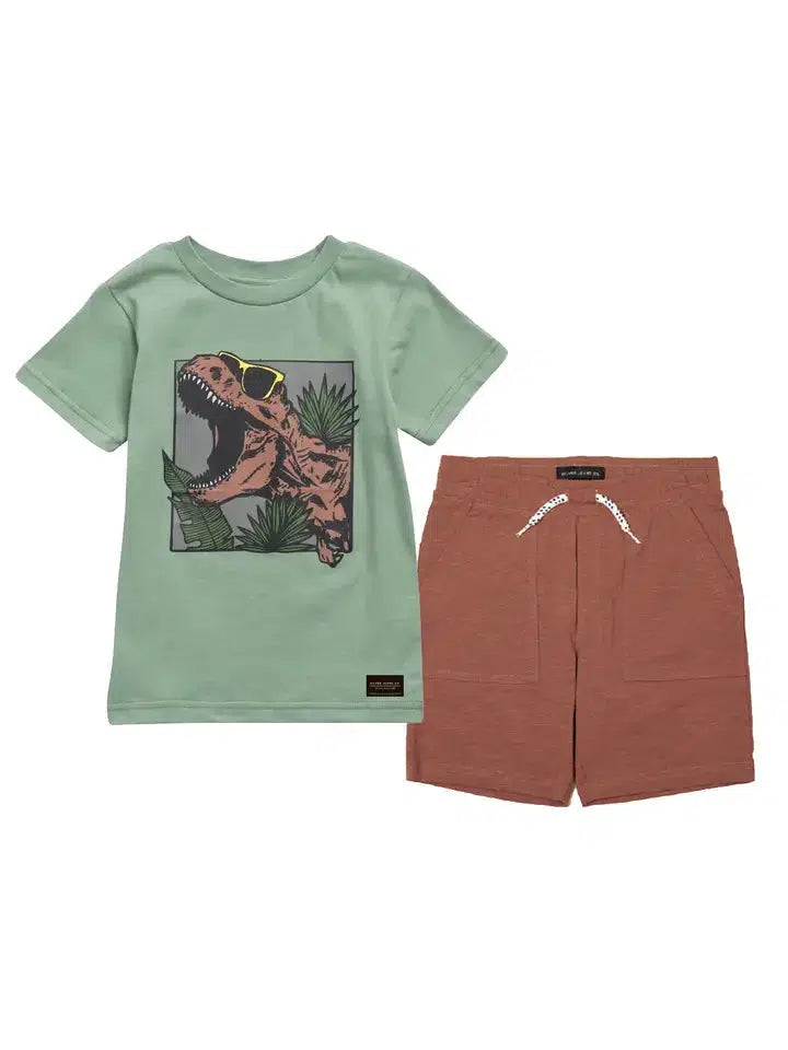 Dino T-Shirt & Knit Shorts Set-Bottoms, Children & Tweens, children's, clothing, Dino, Dinosaurs, green, Infant to 6, shorts, shorts set, Top, Tops-2T-[option4]-[option5]-[option6]-Bella Bliss Boutique in Texas