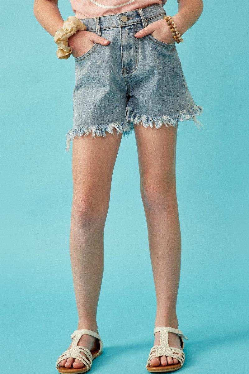 Distressed Fray Detail Shorts-Bottoms,Children & Tweens,clothing,Denim Shorts,Distressed,Fray Hem,Fray Hem Detail,Jean Shorts,Sale,shorts,tween,Tween 7-14,Tweens 7-14-[option4]-[option5]-[option6]-Bella Bliss Boutique in Texas