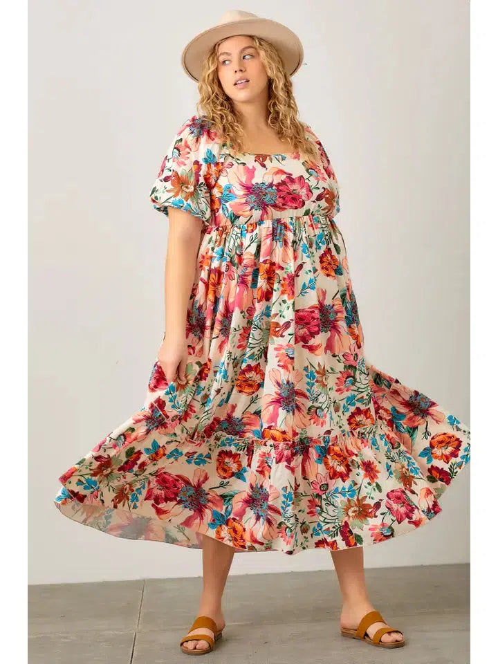 Ditsy Floral Print Dress-clothing, Cream Multi, Curvy, Ditsy Floral, dress, dresses, Floral, Floral Print, Maxi Dress-[option4]-[option5]-[option6]-Bella Bliss Boutique in Texas