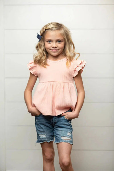 Double Ruffle Flutter Sleeve Top-Chidrens/Tweens, Children & Tweens, children's, Children/Tween, Childrens/Tween, coral, Double Ruffle, Flutter Sleeve, Infant to 6, infant-6, Pink, Top, Tops, tween, Tween 7-14, Tweens 7-14-Coral-2-[option4]-[option5]-[option6]-Bella Bliss Boutique in Texas