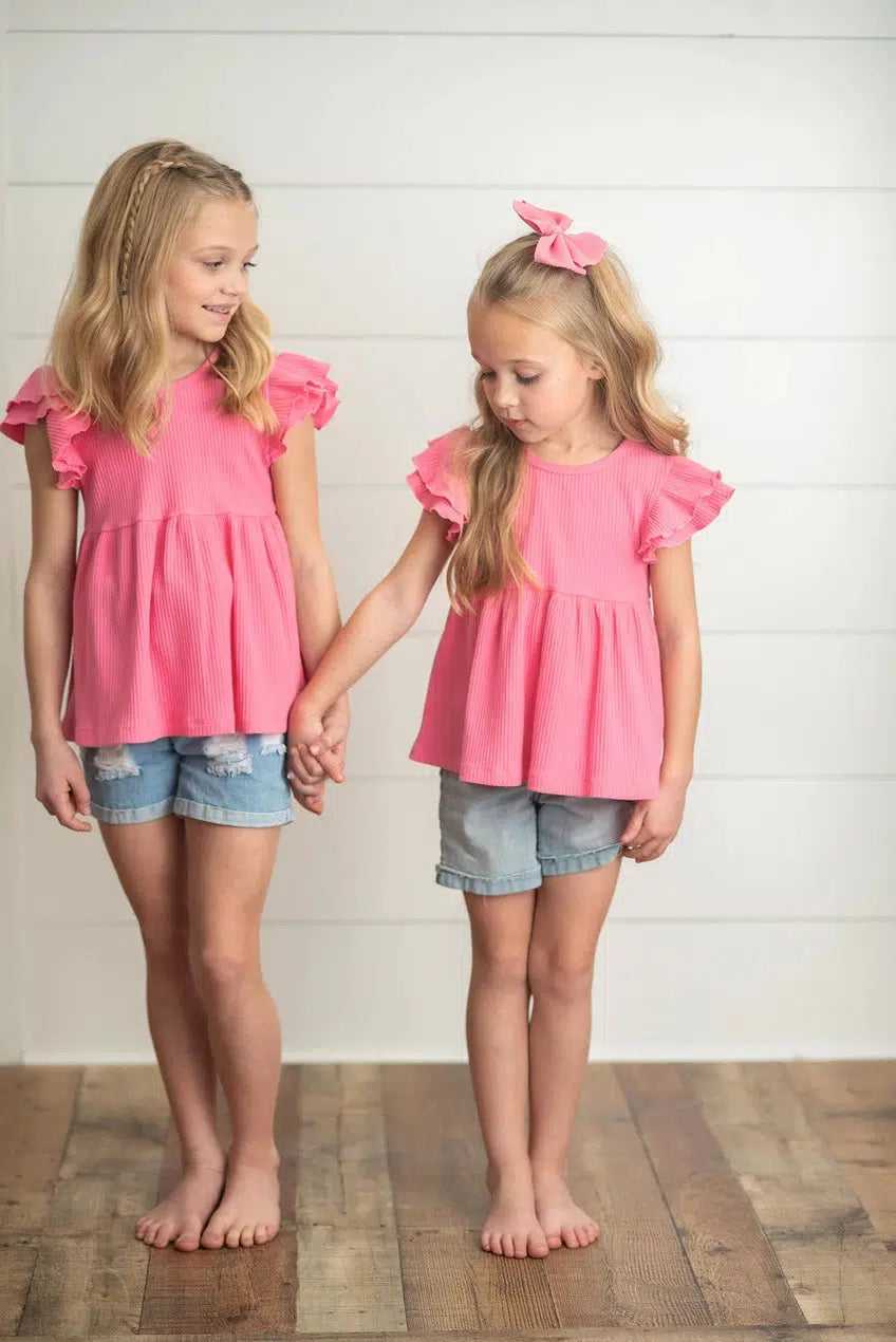 Double Ruffle Flutter Sleeve Top-Chidrens/Tweens, Children & Tweens, children's, Children/Tween, Childrens/Tween, coral, Double Ruffle, Flutter Sleeve, Infant to 6, infant-6, Pink, Top, Tops, tween, Tween 7-14, Tweens 7-14-[option4]-[option5]-[option6]-Bella Bliss Boutique in Texas