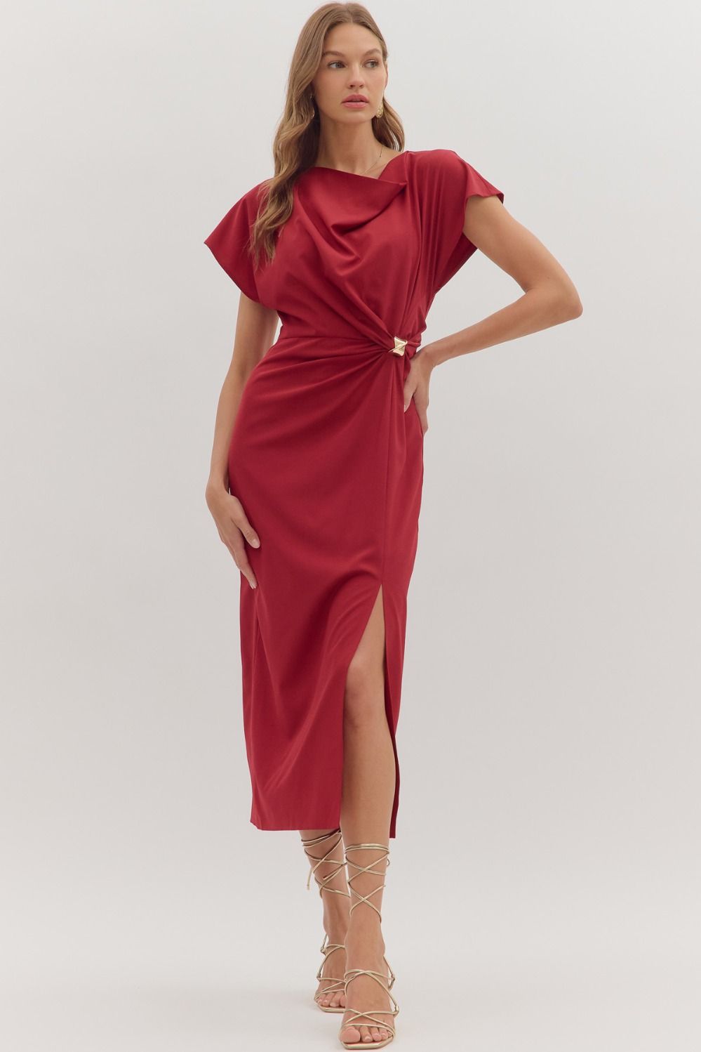 Draped Midi Dress-clothing,Draped Front,dress,dresses,evening dress,Gathered Detail,holiday,Midi Dress,Party Dress,Red,Rehearsal Dinner Dress,Short Sleeve,Side Slit,Women,women's-S-[option4]-[option5]-[option6]-Bella Bliss Boutique in Texas