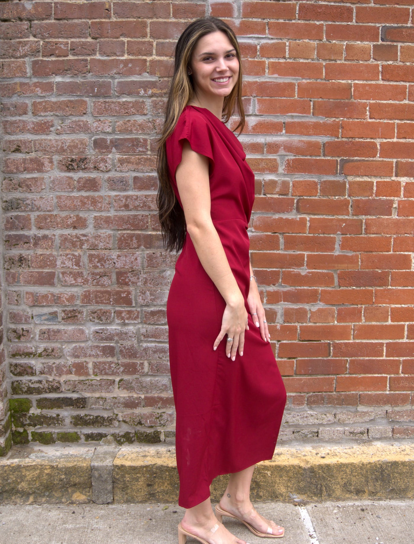 Draped Midi Dress-clothing,Draped Front,dress,dresses,evening dress,Gathered Detail,holiday,Midi Dress,Party Dress,Red,Rehearsal Dinner Dress,Short Sleeve,Side Slit,Women,women's-[option4]-[option5]-[option6]-Bella Bliss Boutique in Texas