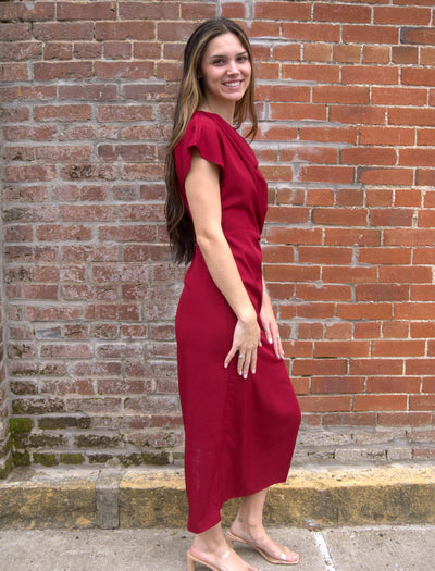 Draped Midi Dress-clothing,Draped Front,dress,dresses,evening dress,Gathered Detail,holiday,Midi Dress,Party Dress,Red,Rehearsal Dinner Dress,Short Sleeve,Side Slit,Women,women's-[option4]-[option5]-[option6]-Bella Bliss Boutique in Texas