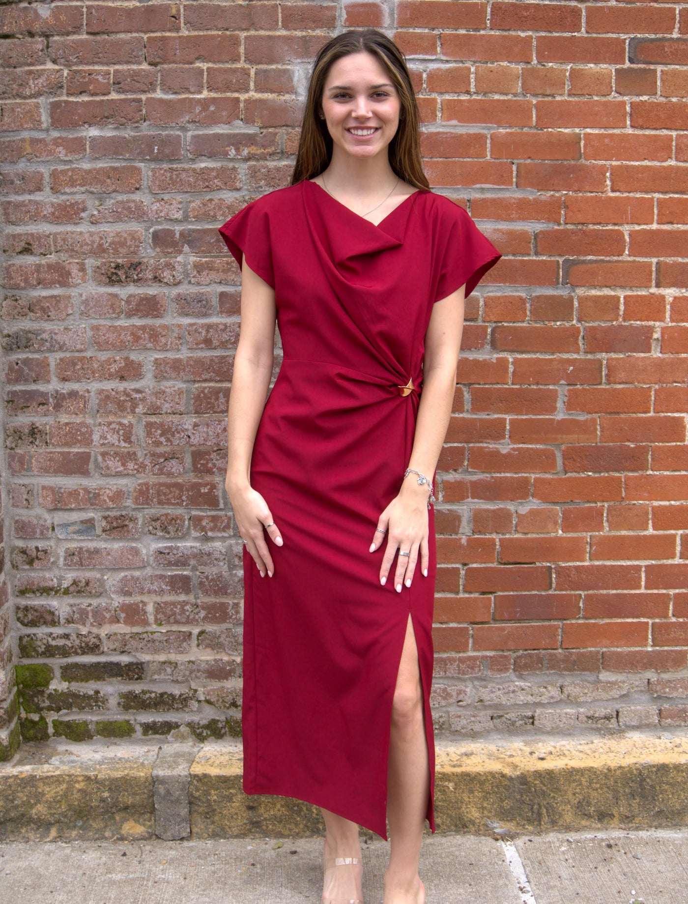 Draped Midi Dress-clothing,Draped Front,dress,dresses,evening dress,Gathered Detail,holiday,Midi Dress,Party Dress,Red,Rehearsal Dinner Dress,Short Sleeve,Side Slit,Women,women's-[option4]-[option5]-[option6]-Bella Bliss Boutique in Texas