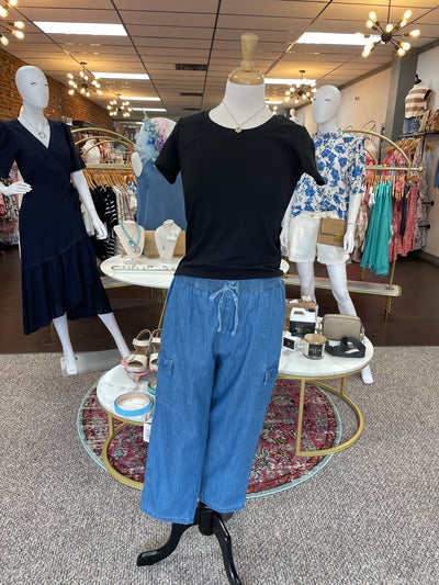 Drawstring Waist Chambray Capri Pants-Bottoms,Capri,Chambray,clothing,Curvy,Drawstring,Drawstring Waist,Pants,Utility Pockets,women's-S-[option4]-[option5]-[option6]-Bella Bliss Boutique in Texas