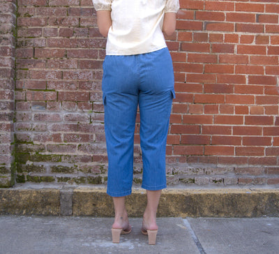 Drawstring Waist Chambray Capri Pants-Bottoms,Capri,Chambray,clothing,Curvy,Drawstring,Drawstring Waist,Pants,Utility Pockets,women's-[option4]-[option5]-[option6]-Bella Bliss Boutique in Texas