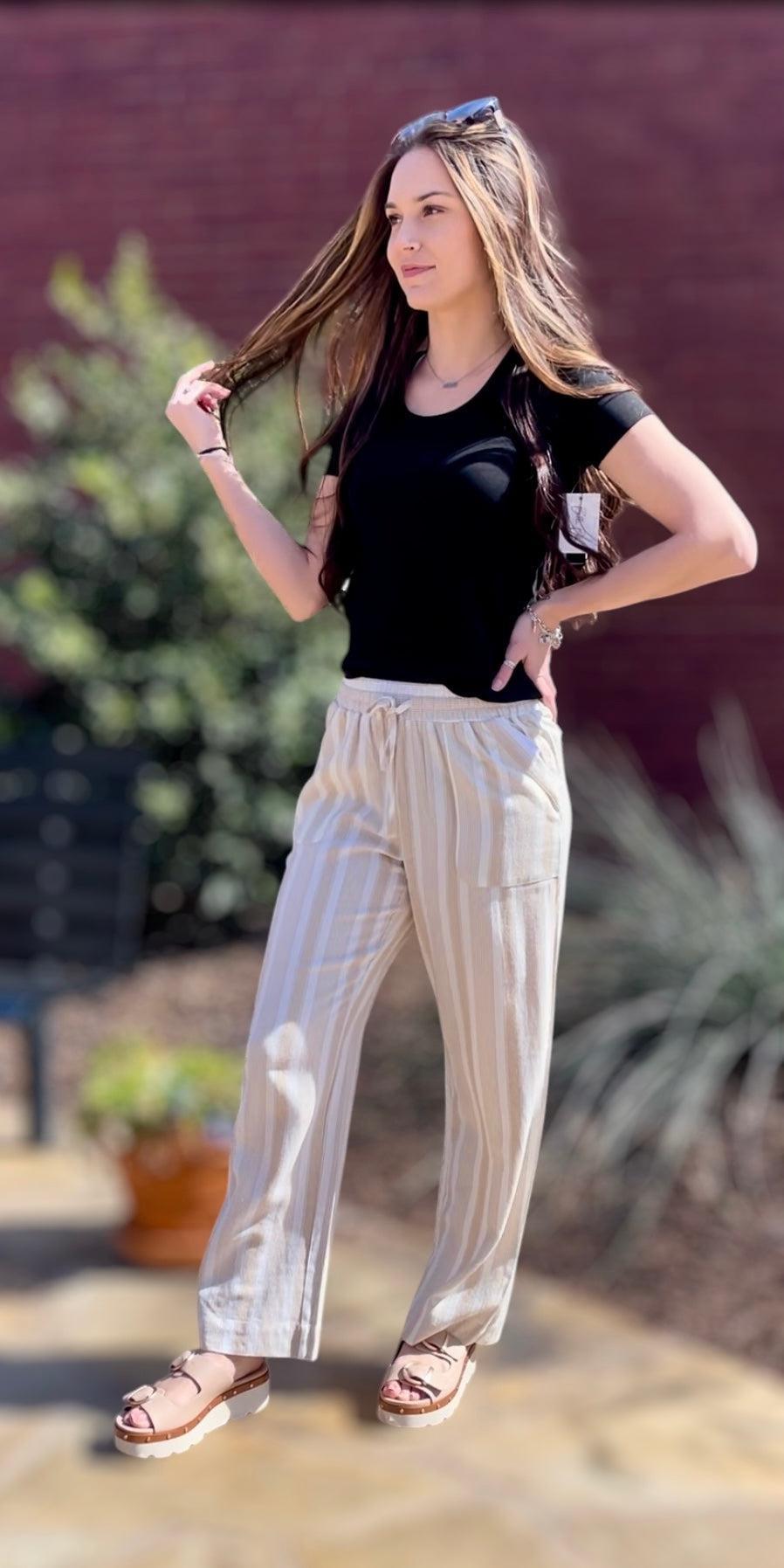 Drawstring Waist Linen Pants-Bottoms,clothing,Drawstring,Drawstring Waist,Linen,Multi-Stripe,Striped,Tan/Ivory Stripe,Women,women's-Tan-S-[option4]-[option5]-[option6]-Bella Bliss Boutique in Texas