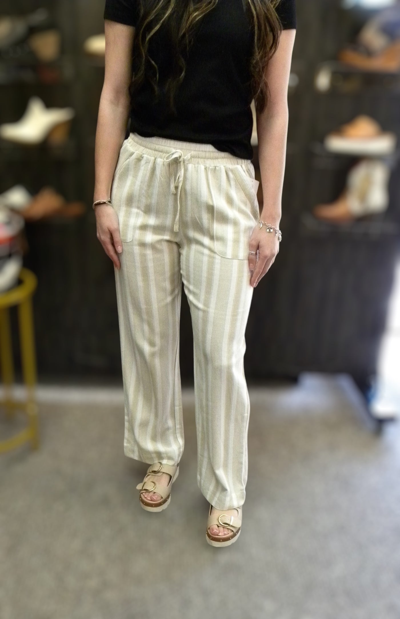 Drawstring Waist Linen Pants-Bottoms,clothing,Drawstring,Drawstring Waist,Linen,Multi-Stripe,Striped,Tan/Ivory Stripe,Women,women's-[option4]-[option5]-[option6]-Bella Bliss Boutique in Texas