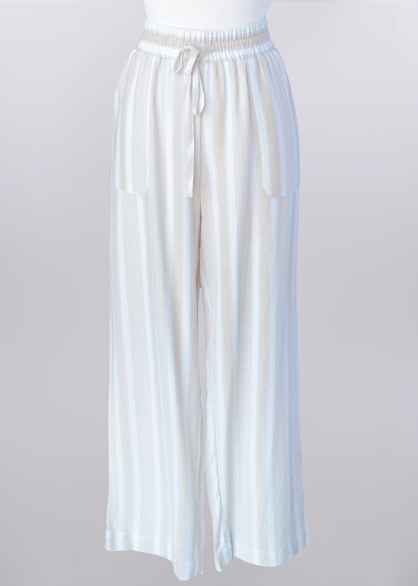 Drawstring Waist Linen Pants-Bottoms,clothing,Drawstring,Drawstring Waist,Linen,Multi-Stripe,Striped,Tan/Ivory Stripe,Women,women's-[option4]-[option5]-[option6]-Bella Bliss Boutique in Texas