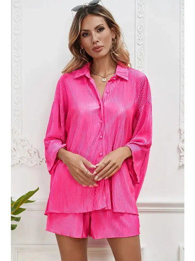 Drop Shoulder Lounge Set-clothing, Drop Shoulder, Loungewear, Loungewear & Intimates, Pink, Pleated, Sale, Women, women's-[option4]-[option5]-[option6]-Bella Bliss Boutique in Texas