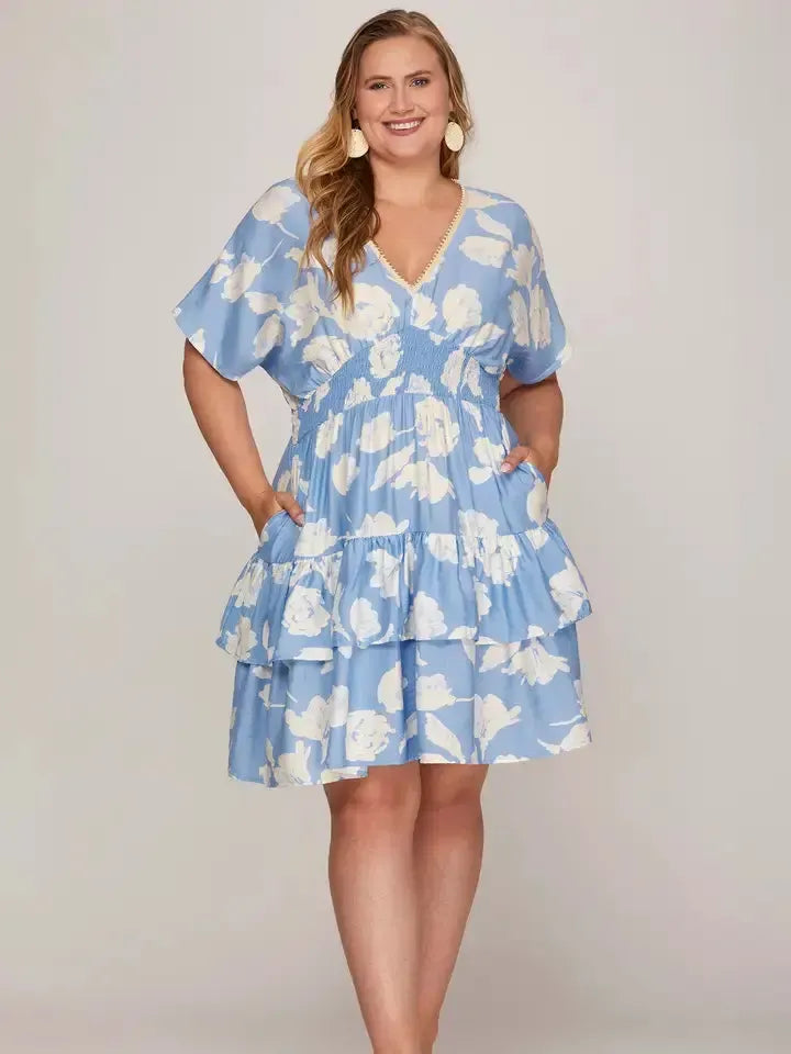 Drop Shoulder Tiered Dress-clothing,Curvy,dress,dresses,Drop Shoulder,light blue,smocked waist,Tiered Dress,Woven,Woven Print-[option4]-[option5]-[option6]-Bella Bliss Boutique in Texas