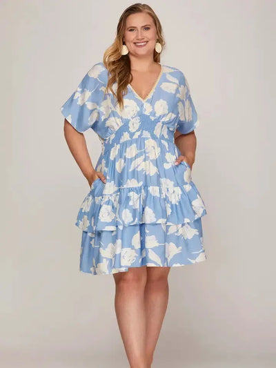 Drop Shoulder Tiered Dress-clothing,Curvy,dress,dresses,Drop Shoulder,light blue,smocked waist,Tiered Dress,Woven,Woven Print-[option4]-[option5]-[option6]-Bella Bliss Boutique in Texas