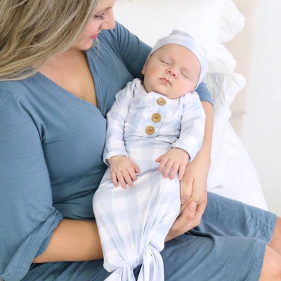 Dusty Blue Gingham Newborn Baby Knot Gown & Hat Set-Caden Lane,Children & Tween,Children & Tweens,Gingham,Infant to 6,newborn,polyester,Rompers,Swaddle + Headband-0-3 months-[option4]-[option5]-[option6]-Bella Bliss Boutique in Texas