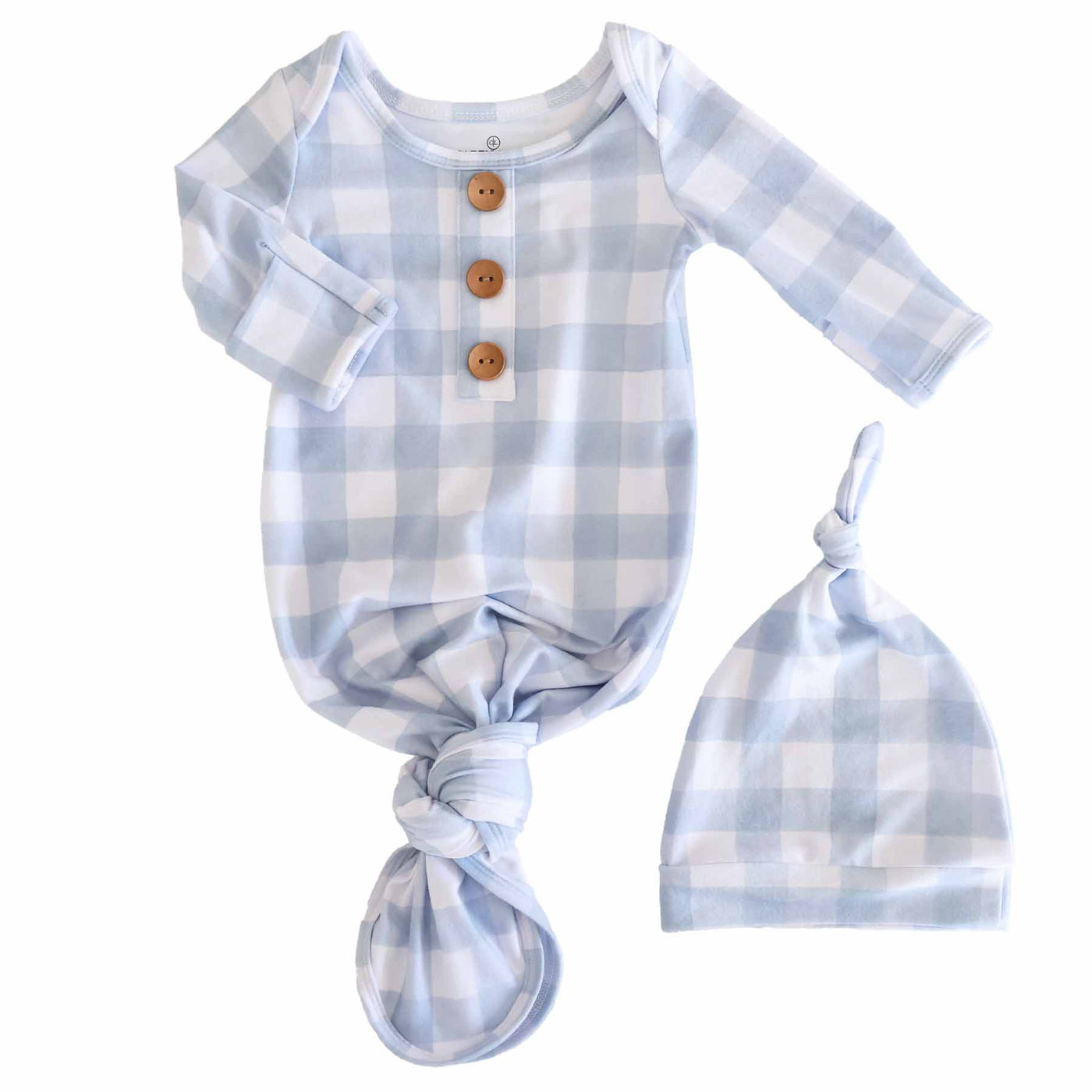 Dusty Blue Gingham Newborn Baby Knot Gown & Hat Set-Caden Lane,Children & Tween,Children & Tweens,Gingham,Infant to 6,newborn,polyester,Rompers,Swaddle + Headband-[option4]-[option5]-[option6]-Bella Bliss Boutique in Texas