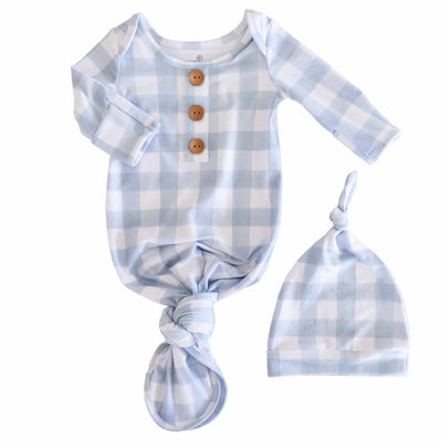 Dusty Blue Gingham Newborn Baby Knot Gown & Hat Set-Caden Lane,Children & Tween,Children & Tweens,Gingham,Infant to 6,newborn,polyester,Rompers,Swaddle + Headband-[option4]-[option5]-[option6]-Bella Bliss Boutique in Texas