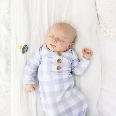 Dusty Blue Gingham Newborn Baby Knot Gown & Hat Set-Caden Lane,Children & Tween,Children & Tweens,Gingham,Infant to 6,newborn,polyester,Rompers,Swaddle + Headband-[option4]-[option5]-[option6]-Bella Bliss Boutique in Texas
