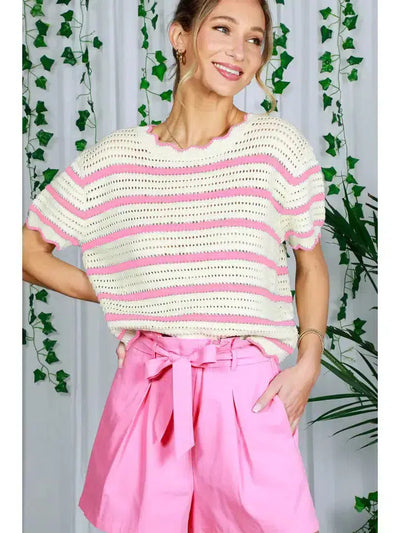 Edge Detail Knit Sweater-clothing, Crew Neck, Crochet, Edge Detail, Knit, Lightweight Sweater, Pink, stripe, Striped, Sweater, Sweaters, Top, Tops, Women, women's-[option4]-[option5]-[option6]-Bella Bliss Boutique in Texas