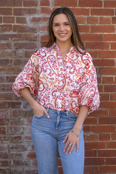 Elara Balloon Sleeve Top-&MERCI,blouses,Bubble Sleeve,Bubble Sleeves,clothing,Collared,Paisley,Top,Tops,Women,women's-[option4]-[option5]-[option6]-Bella Bliss Boutique in Texas
