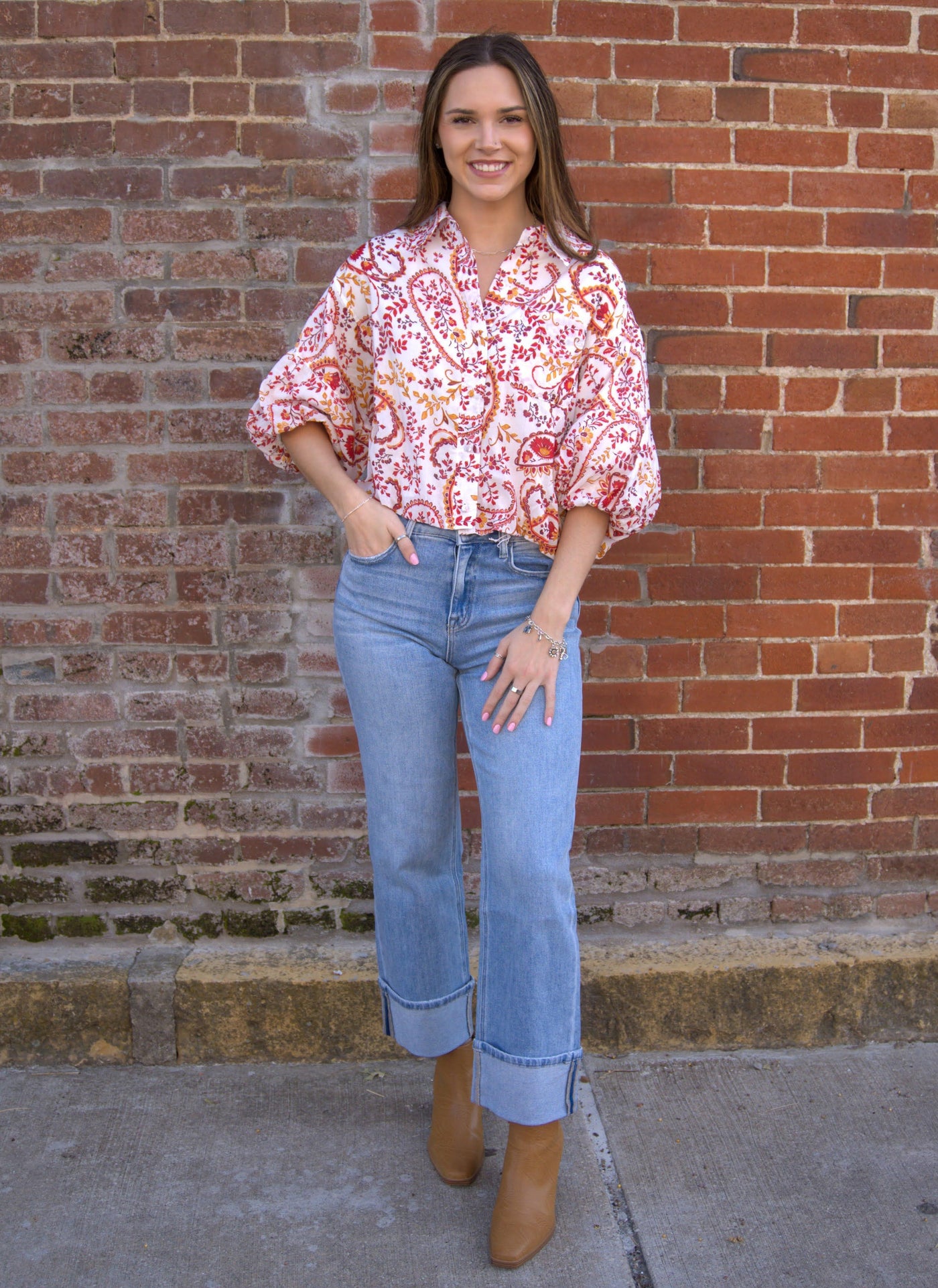 Elara Balloon Sleeve Top-&MERCI,blouses,Bubble Sleeve,Bubble Sleeves,clothing,Collared,Paisley,Top,Tops,Women,women's-[option4]-[option5]-[option6]-Bella Bliss Boutique in Texas