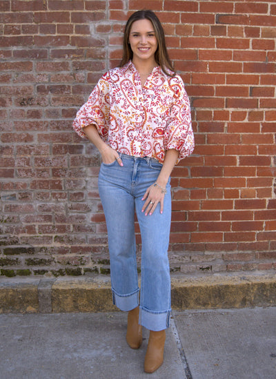 Elara Balloon Sleeve Top-&MERCI,blouses,Bubble Sleeve,Bubble Sleeves,clothing,Collared,Paisley,Top,Tops,Women,women's-[option4]-[option5]-[option6]-Bella Bliss Boutique in Texas