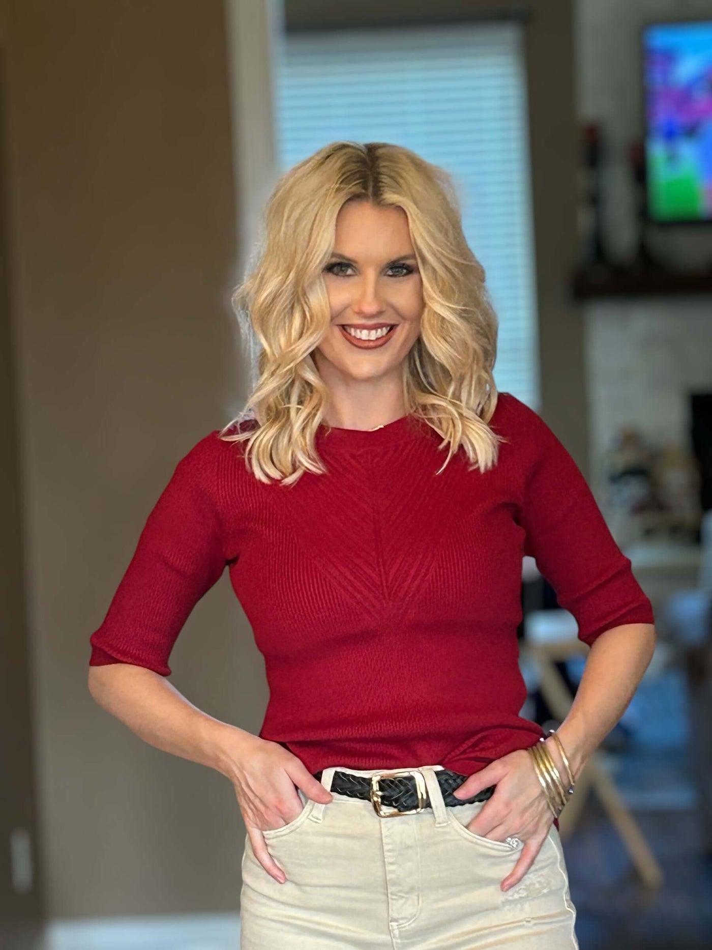 Elbow Sleeve Sweater-clothing,Crew Neck,Elbow Sleeves,Ruby Red,Sale,Sweater,Sweaters,Top,Tops,Women,women's-[option4]-[option5]-[option6]-Bella Bliss Boutique in Texas