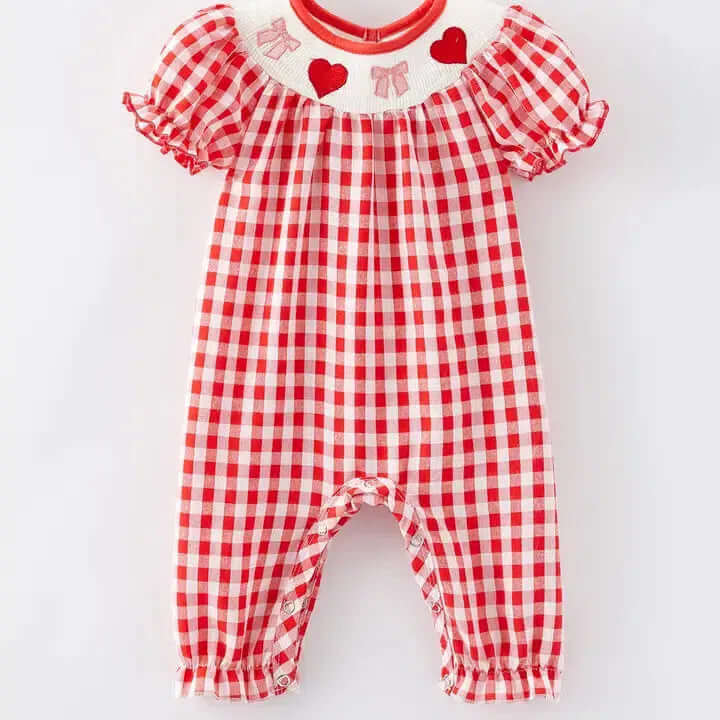 Embroidered Detail Plaid Romper-Bows, Children & Tweens, children's, clothing, Embroidered Detail, Hearts, Infant to 6, Jumpsuits & Rompers, plaid, Red, romper, Rompers, smocked, Smocked Neck, Smocking, White-3M-[option4]-[option5]-[option6]-Bella Bliss Boutique in Texas