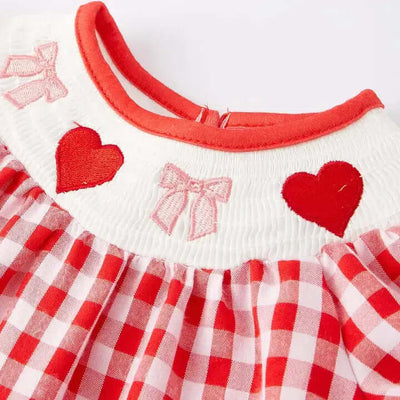 Embroidered Detail Plaid Romper-Bows, Children & Tweens, children's, clothing, Embroidered Detail, Hearts, Infant to 6, Jumpsuits & Rompers, plaid, Red, romper, Rompers, smocked, Smocked Neck, Smocking, White-[option4]-[option5]-[option6]-Bella Bliss Boutique in Texas