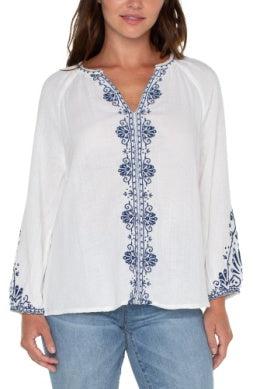 Embroidered Double Gauze Top-Blue Embroidery, clothing, Double Gauze, embroidered, Embroidered Detail, Off White, Top, Tops, Women, women's-XS-[option4]-[option5]-[option6]-Bella Bliss Boutique in Texas