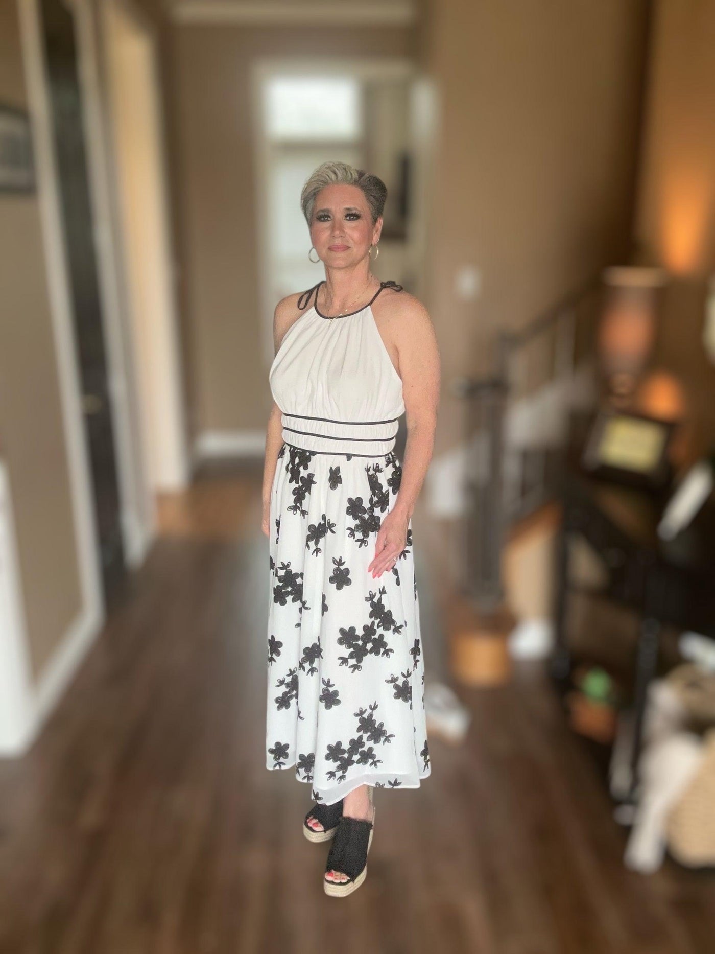 Embroidered Halter Midi Dress-Black,Black & White,clothing,dress,dresses,embroidered,Embroidered Detail,Embroidery Detail,Floral Embroidery,Halter,Halter Dress,Halter Neck,Midi Dress,Off White,Sleeveless,Waist Color Binding,Women,women's-[option4]-[option5]-[option6]-Bella Bliss Boutique in Texas