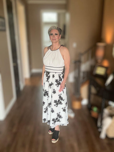 Embroidered Halter Midi Dress-Black,Black & White,clothing,dress,dresses,embroidered,Embroidered Detail,Embroidery Detail,Floral Embroidery,Halter,Halter Dress,Halter Neck,Midi Dress,Off White,Sleeveless,Waist Color Binding,Women,women's-[option4]-[option5]-[option6]-Bella Bliss Boutique in Texas