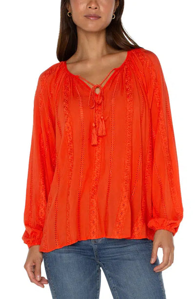 Embroidered Shirred Top-clothing, Coral Blaze, embroidered, Embroidered Detail, Long Sleeve, Shirred Details, Tie Neck, Top, Tops, Women, women's-XS-[option4]-[option5]-[option6]-Bella Bliss Boutique in Texas