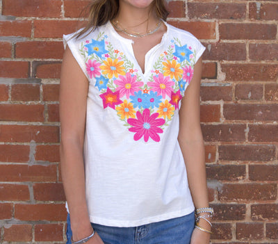 Embroidered Sleeveless Top-clothing,embroidered,Embroidered Detail,Floral Embroidery,Floral Print,Sleeveless,Split Neck,Split Neckline,Tops,White,Women,women's,Woven Top-[option4]-[option5]-[option6]-Bella Bliss Boutique in Texas