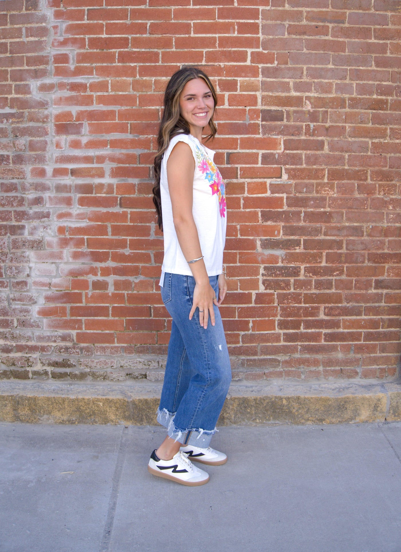 Embroidered Sleeveless Top-clothing,embroidered,Embroidered Detail,Floral Embroidery,Floral Print,Sleeveless,Split Neck,Split Neckline,Tops,White,Women,women's,Woven Top-[option4]-[option5]-[option6]-Bella Bliss Boutique in Texas