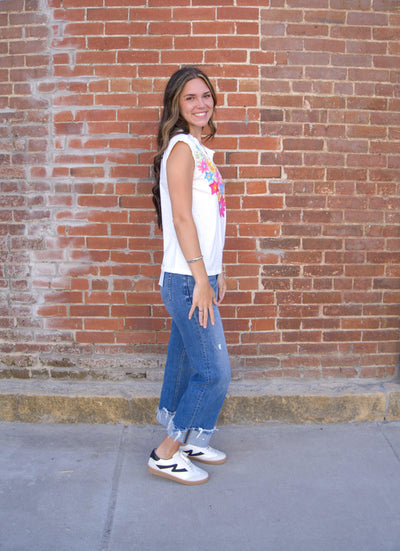 Embroidered Sleeveless Top-clothing,embroidered,Embroidered Detail,Floral Embroidery,Floral Print,Sleeveless,Split Neck,Split Neckline,Tops,White,Women,women's,Woven Top-[option4]-[option5]-[option6]-Bella Bliss Boutique in Texas