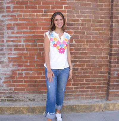 Embroidered Sleeveless Top-clothing,embroidered,Embroidered Detail,Floral Embroidery,Floral Print,Sleeveless,Split Neck,Split Neckline,Tops,White,Women,women's,Woven Top-[option4]-[option5]-[option6]-Bella Bliss Boutique in Texas